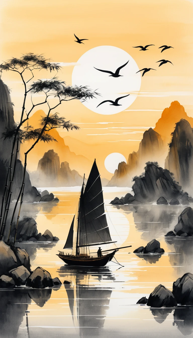 Velero al atardecer entre rocas y bambú en estilo de pintura china con tinta
