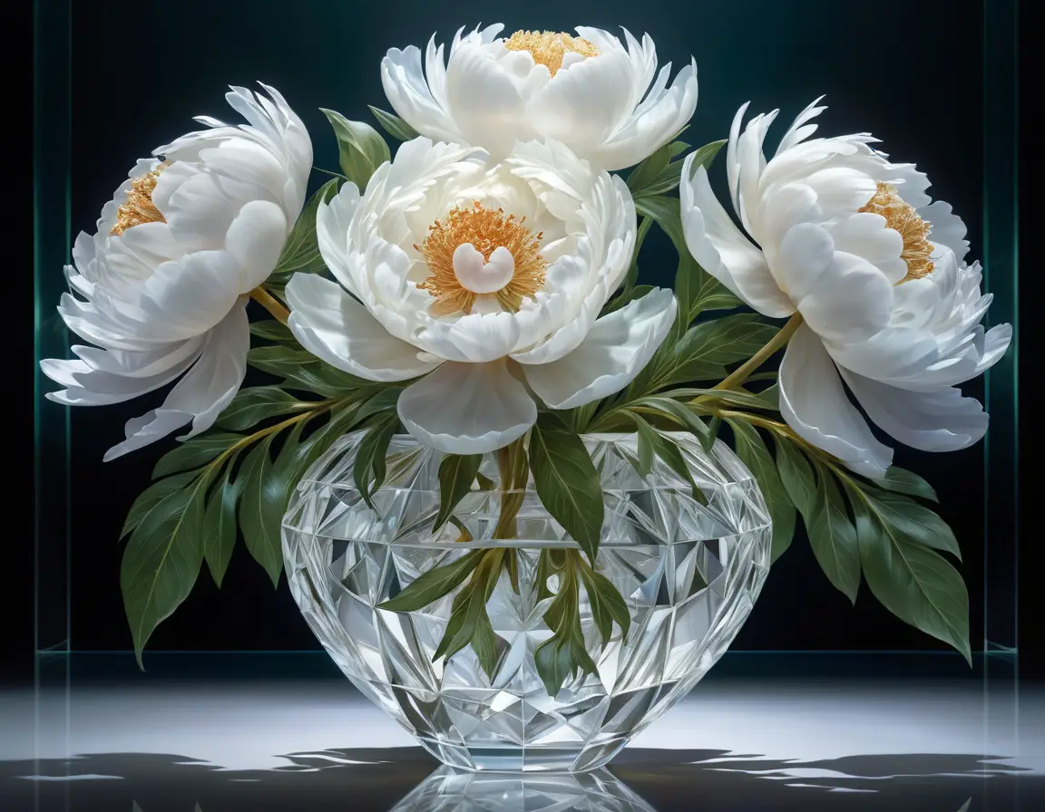 Intrincadas peonías blancas de cristal con detalles iridiscentes