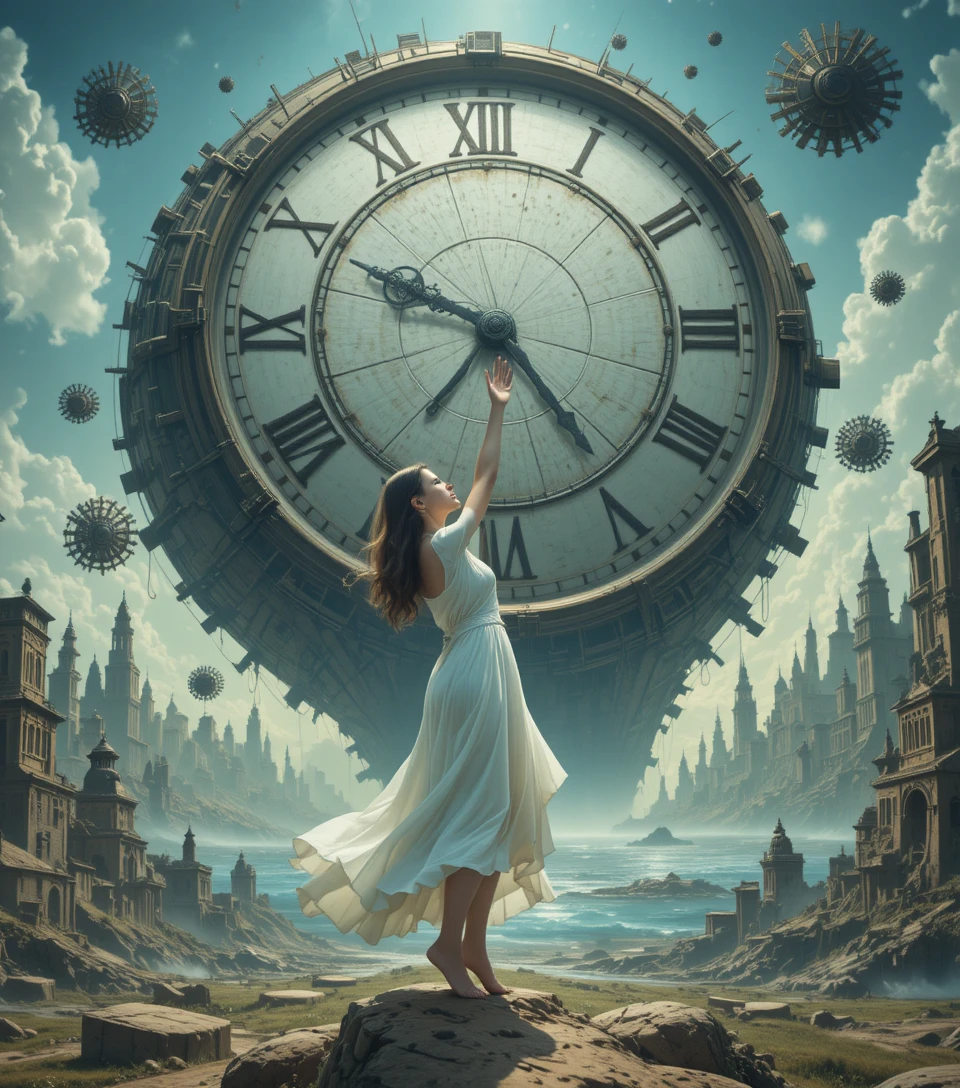 A young woman reaches for a colossal Roman numeral clock
