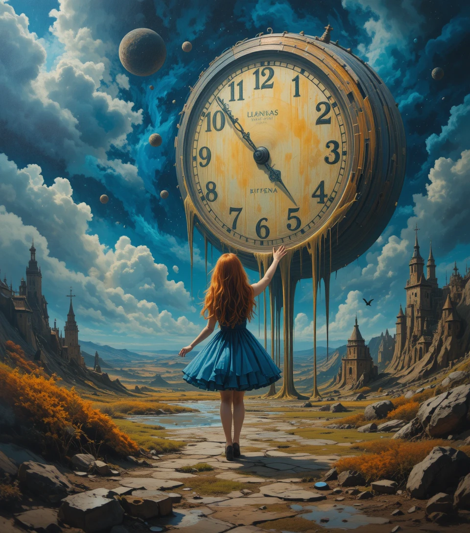 Una ragazza tende la mano verso un orologio distorto e in fusione