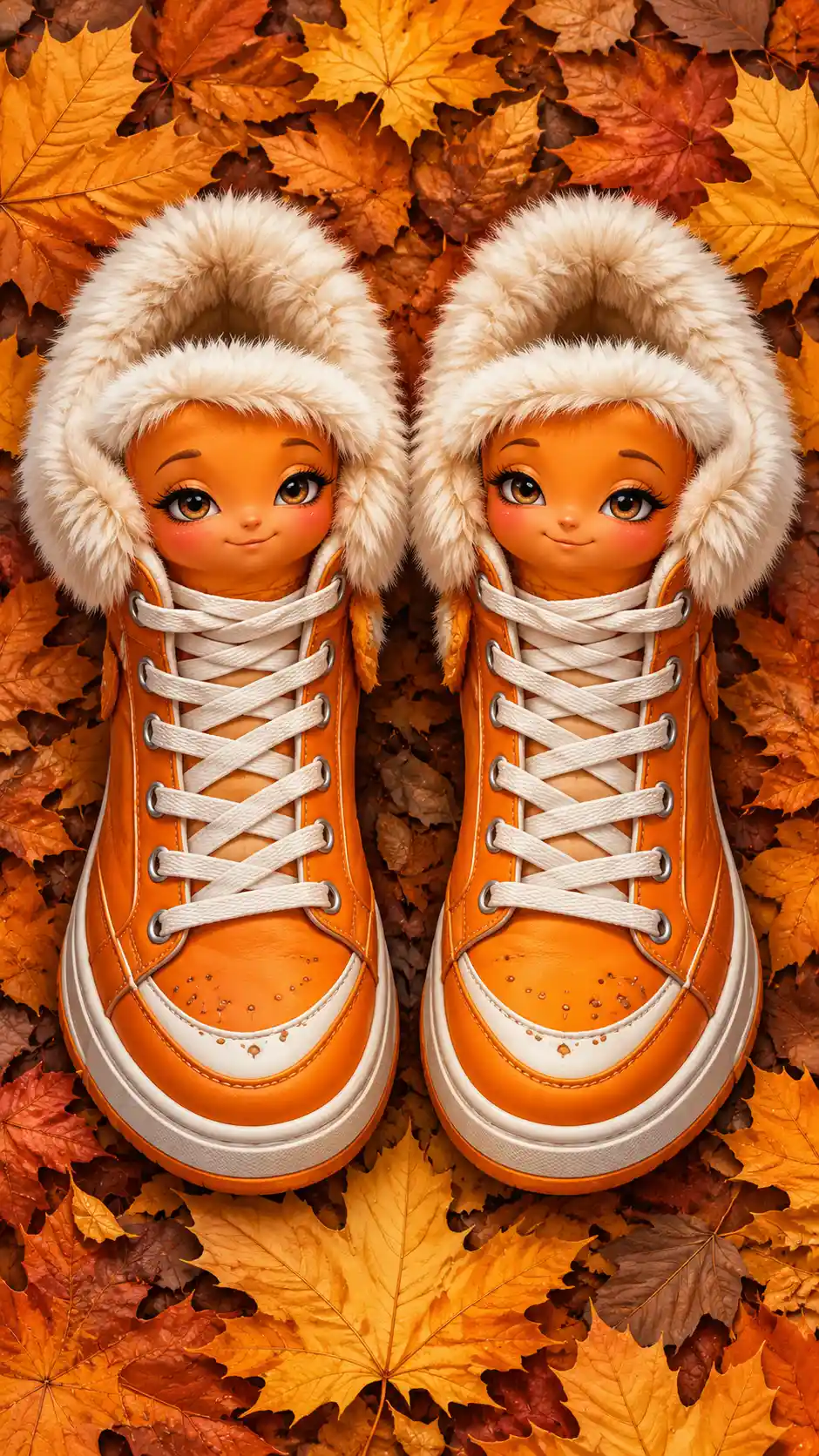Surreal orange high-top sneakers against a bed of autumn maple leaves