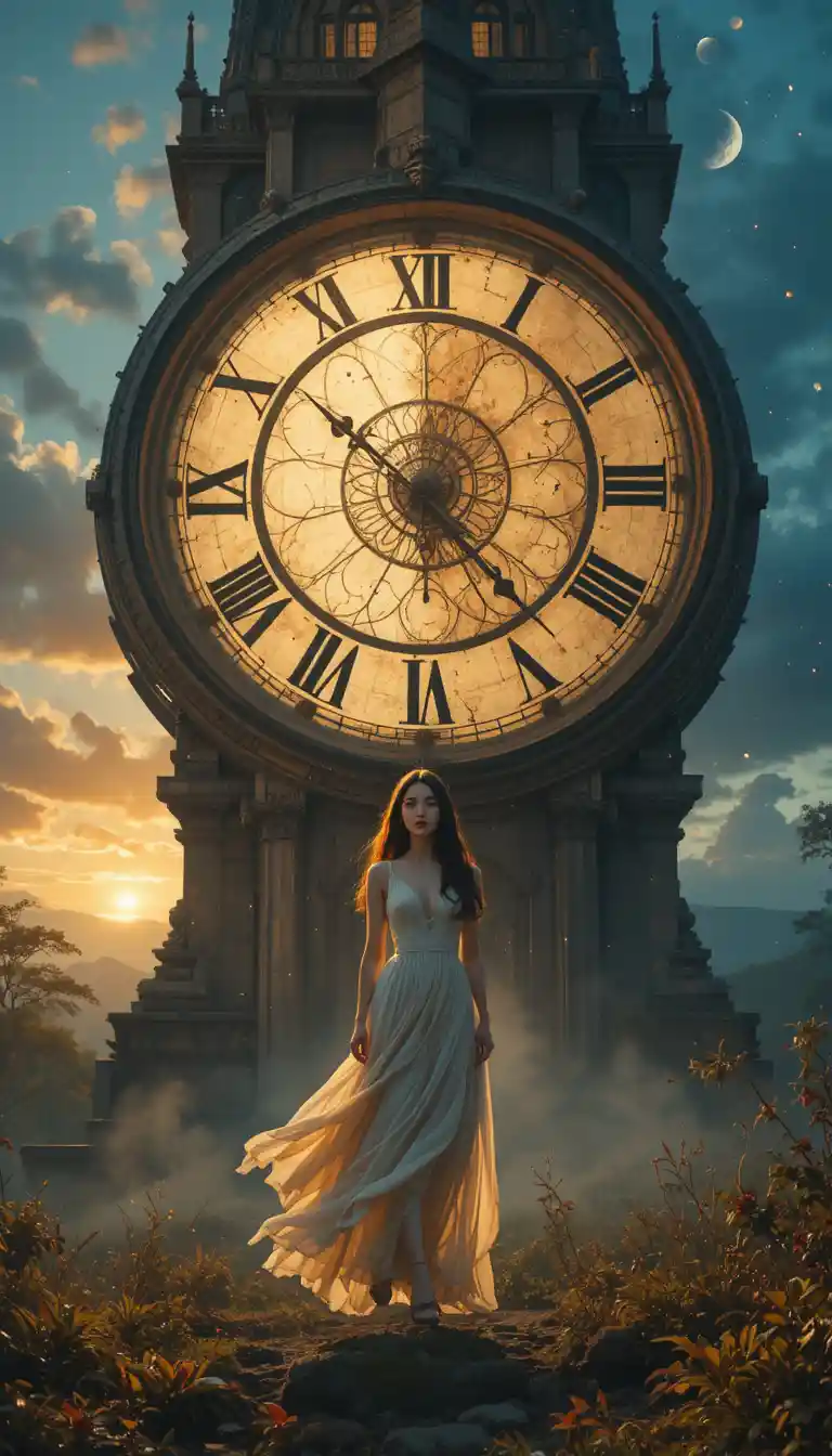 Eine Anime-Frau steht vor einer uralten, in der Zeit erstarrten Uhr