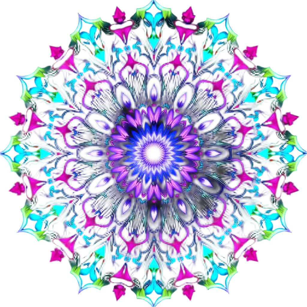 Strahlendes geometrisches Mandala in Neonfarben vor tiefschwarzem Hintergrund