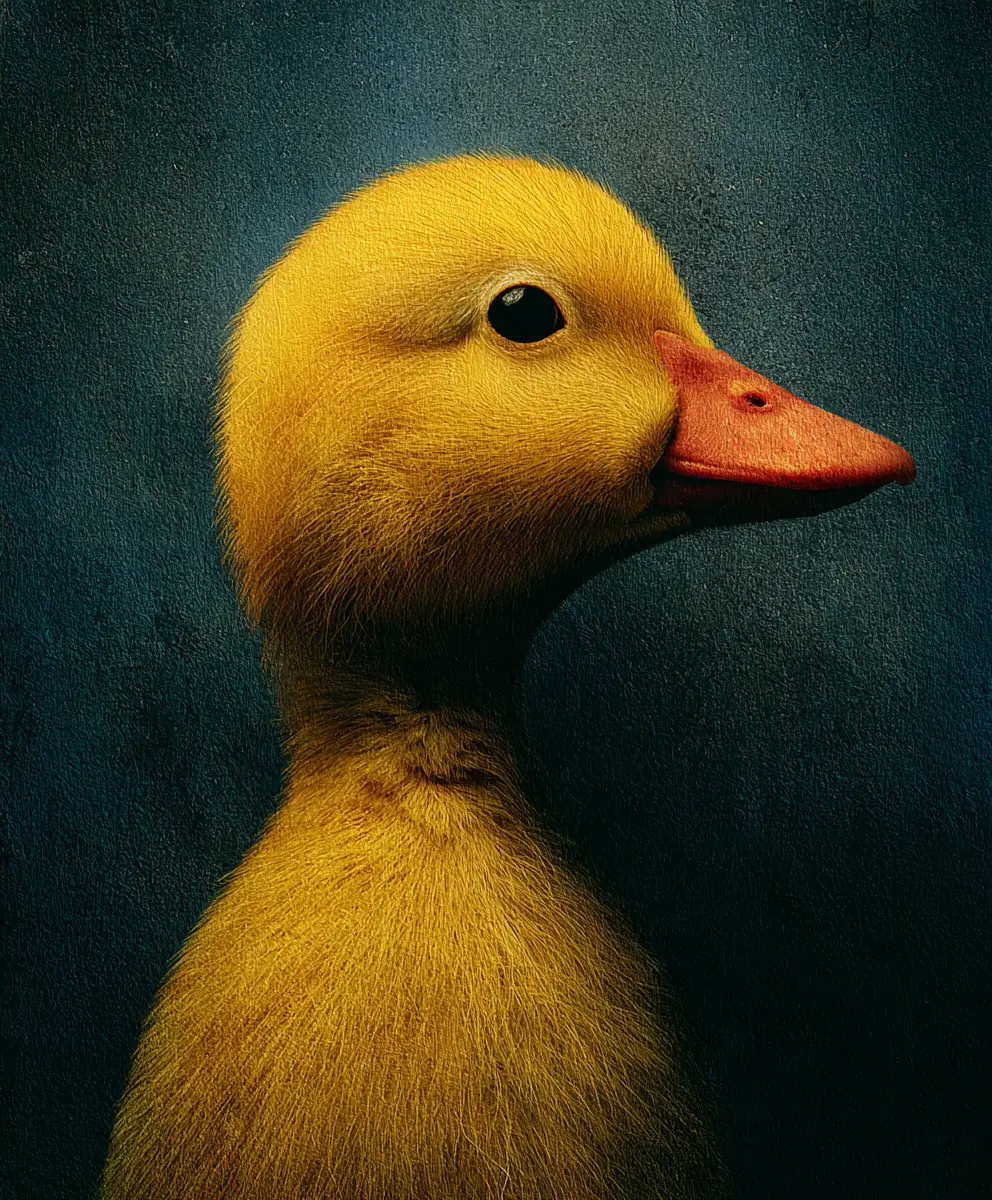 Un pequeño pato de plástico amarillo con el pico y las patas naranjas