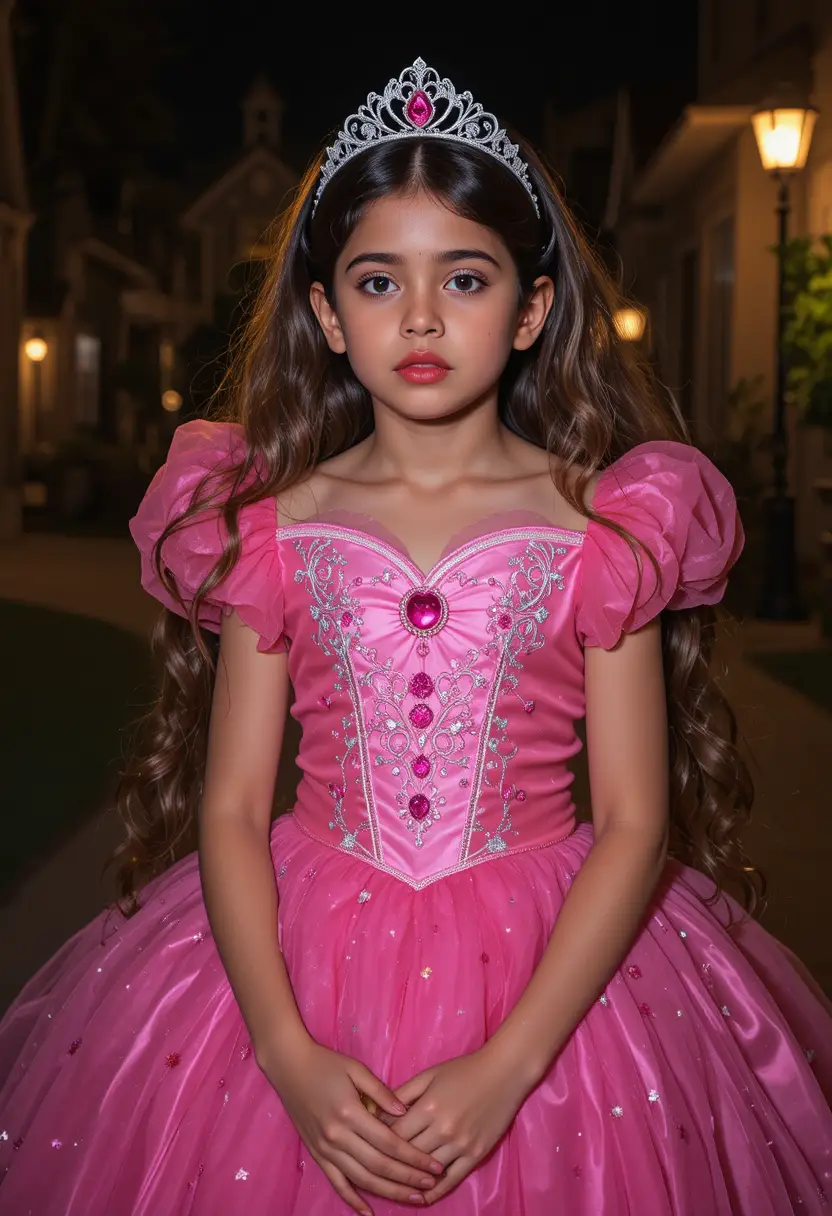 Un niño nervioso lleva un vestido de princesa al aire libre por la noche en Halloween