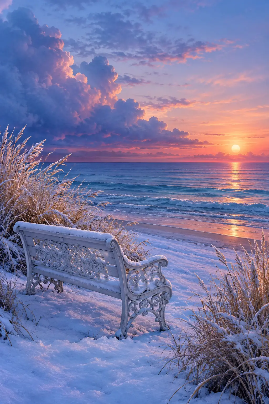 Un banco ornamentado cubierto de nieve entre hierbas altas en una playa de tonos pastel