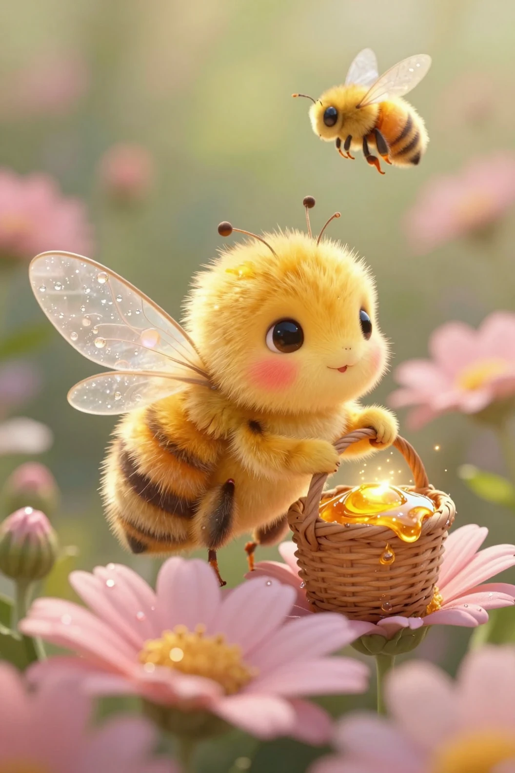 Eine Cartoon-Biene hält neben einem taufrischen rosa Gänseblümchen einen Honigkorb