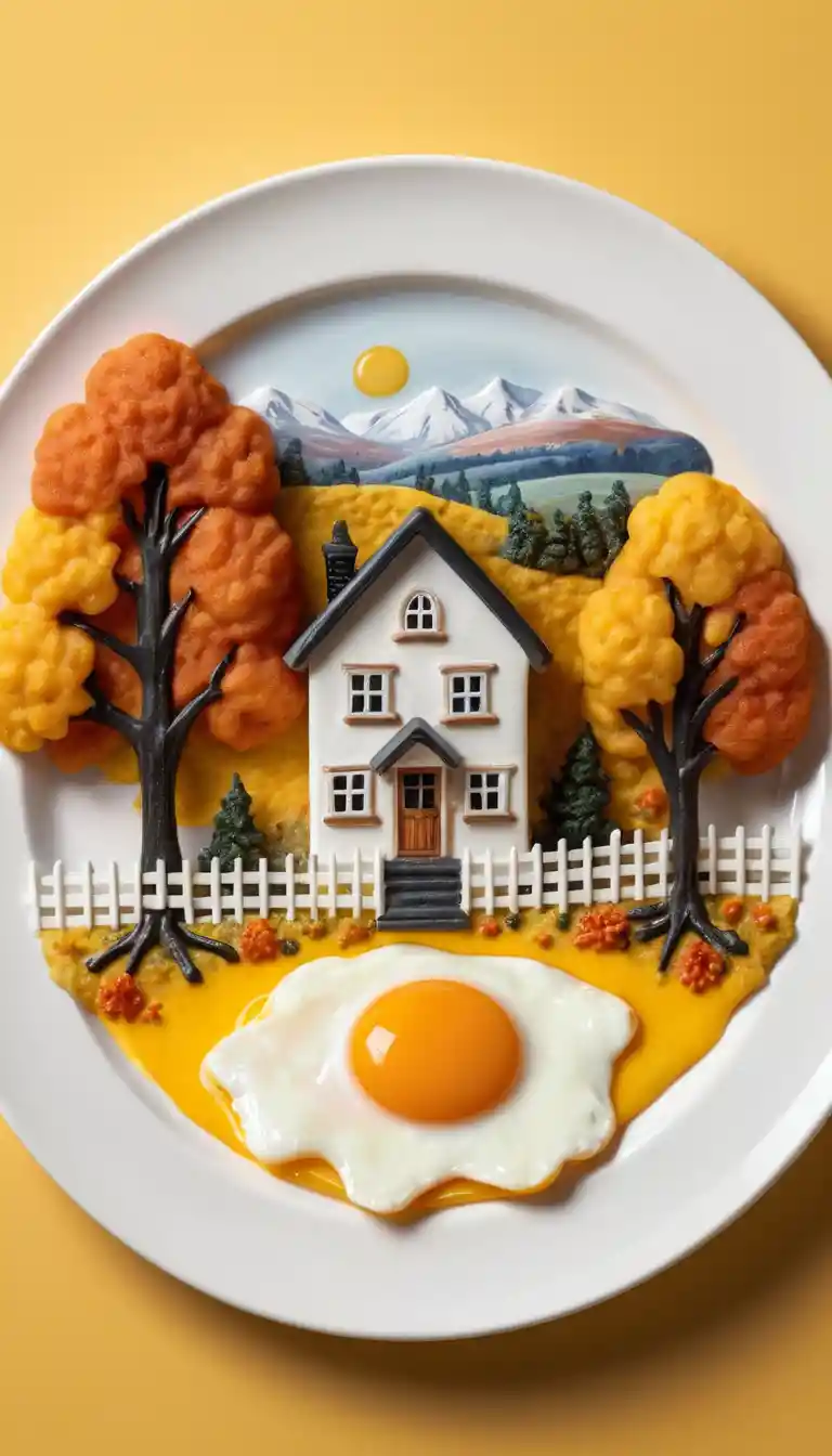 Un diminuto paisaje otoñal aparece sobre la yema de un huevo frito