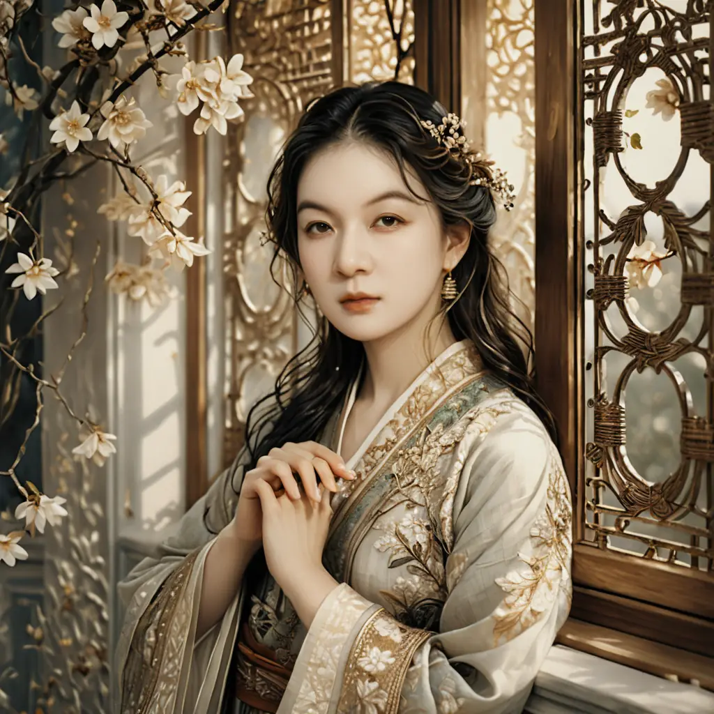 Una mujer vestida de hanfu se apoya junto a una antigua ventana de celosía
