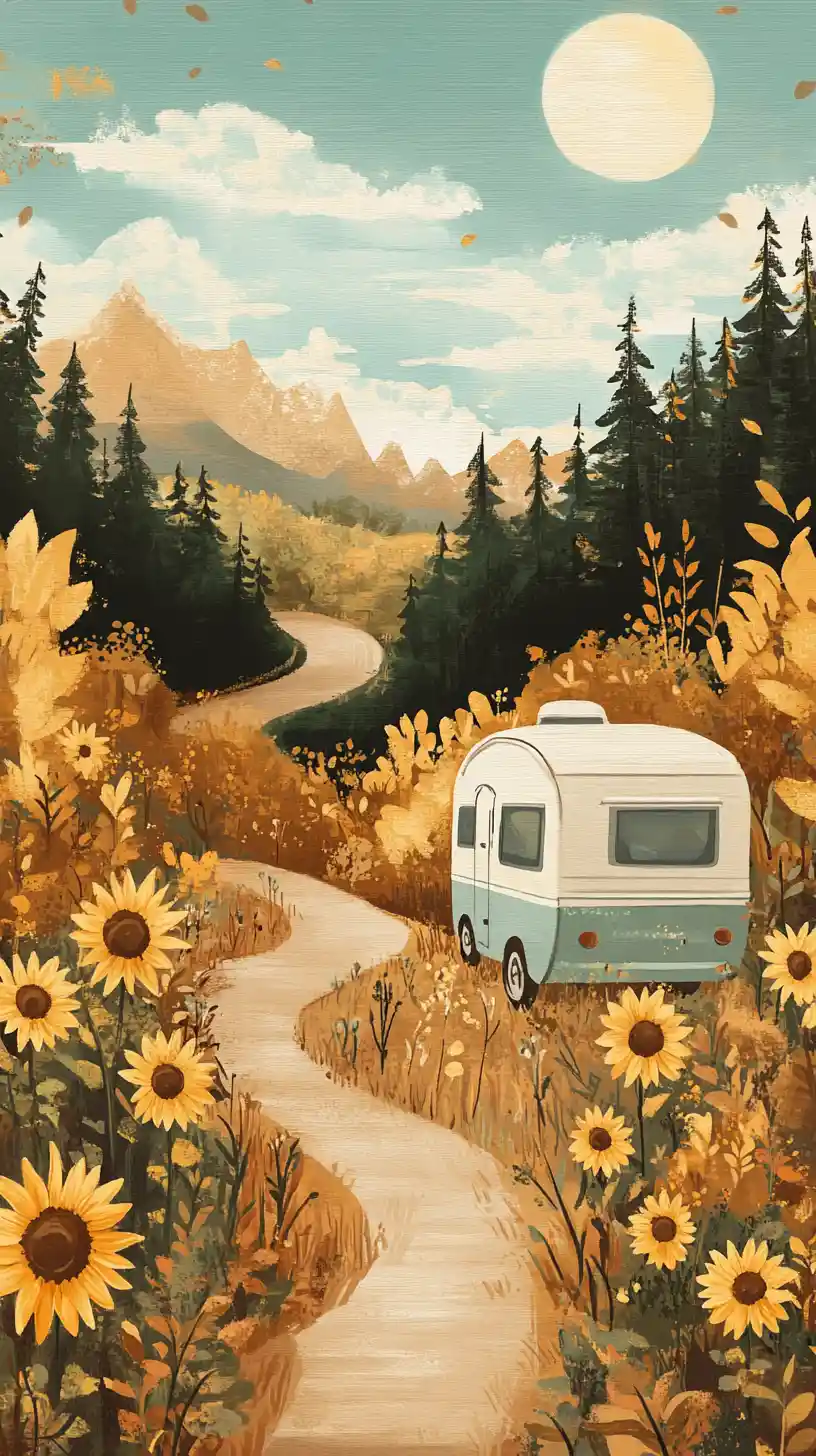 Ein winziger Wohnwagen auf einem gewundenen Pfad durch Sonnenblumen unter der Sonne