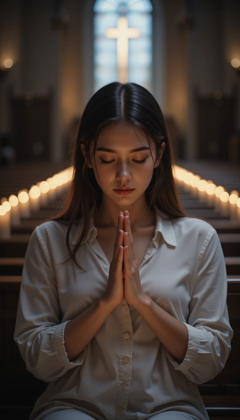 Una joven reza sola en una iglesia con poca luz por la noche