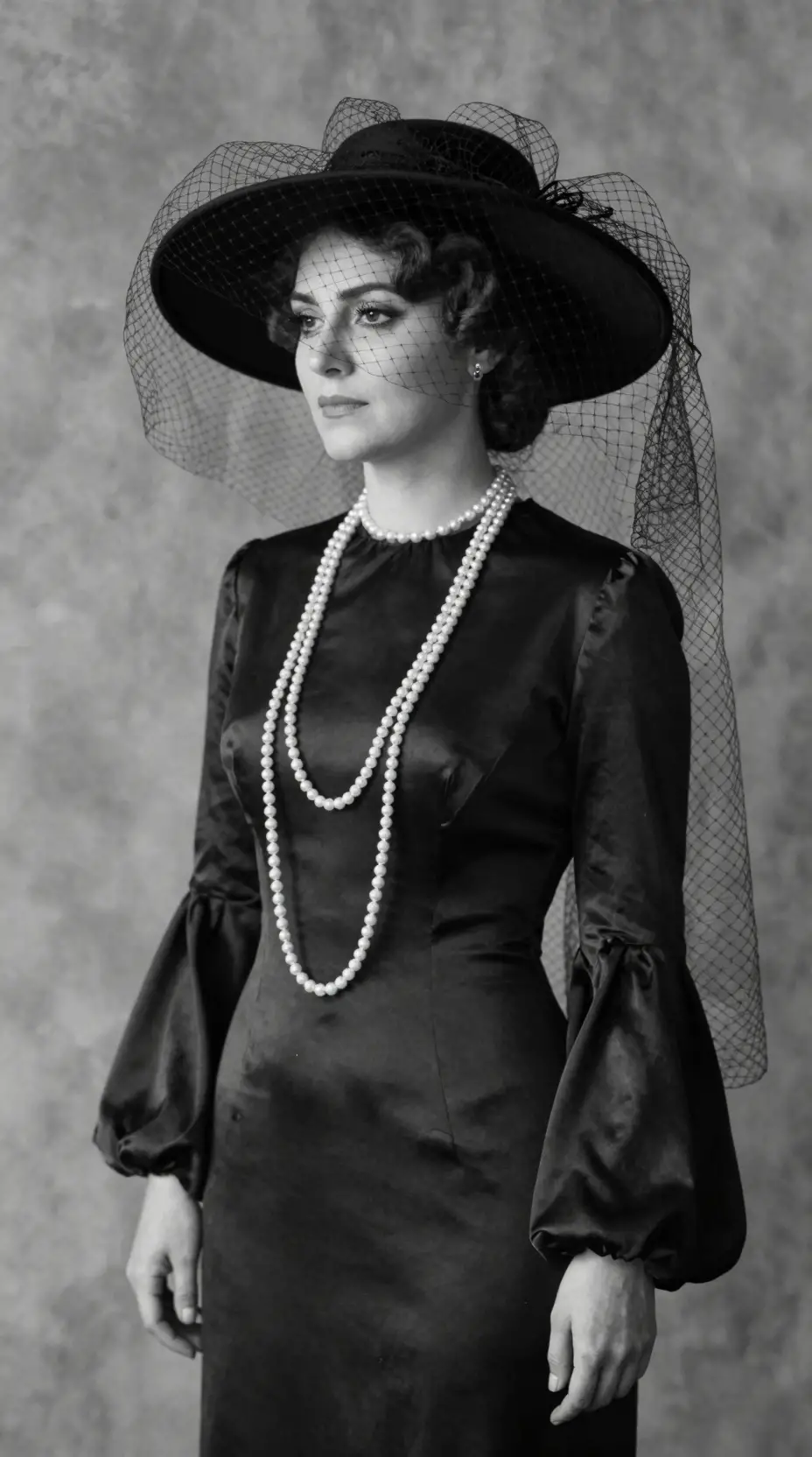 Retrato monocromático de una mujer con perlas y velo