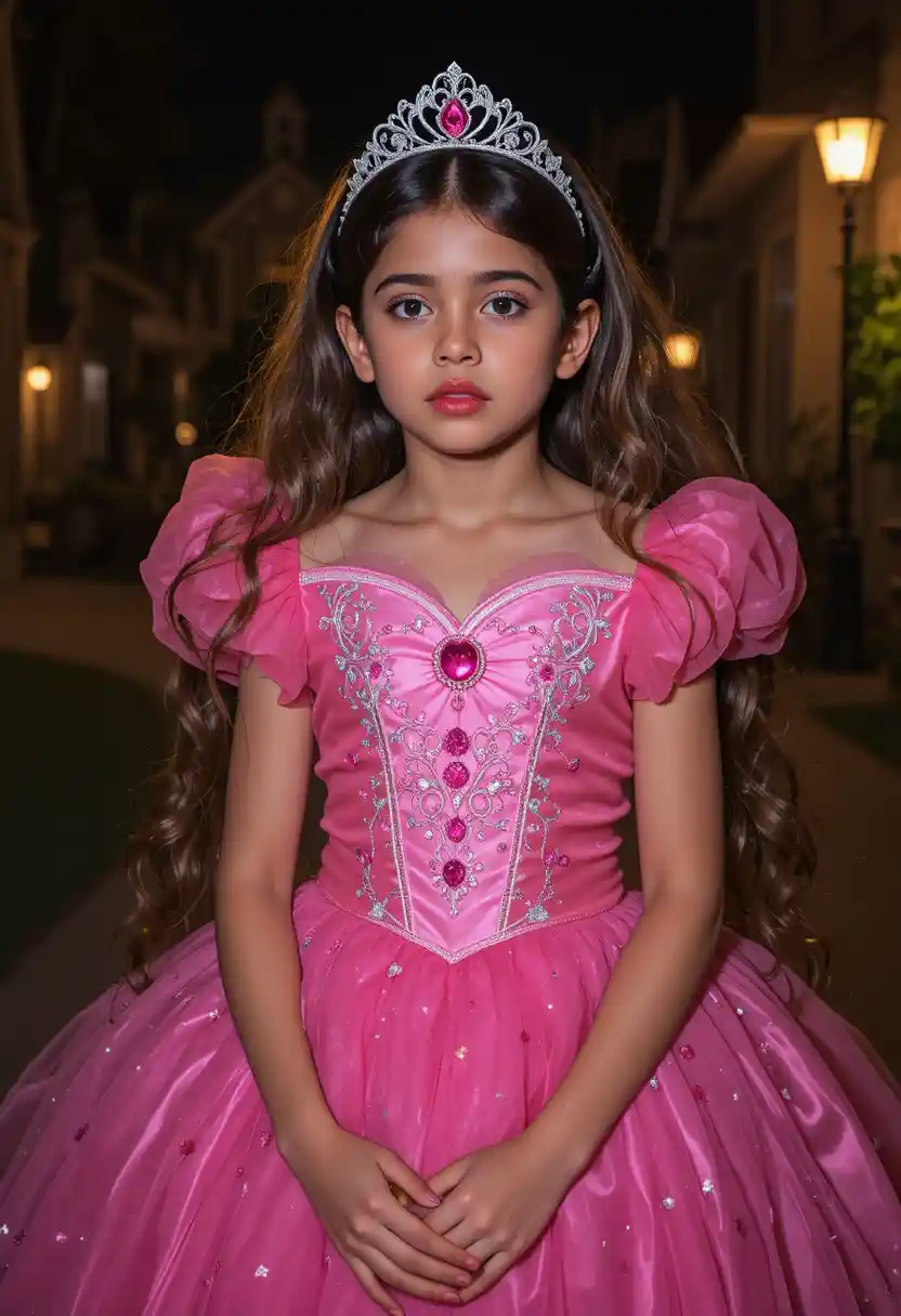A nervous boy wears a princess dress for Halloween outdoors at night