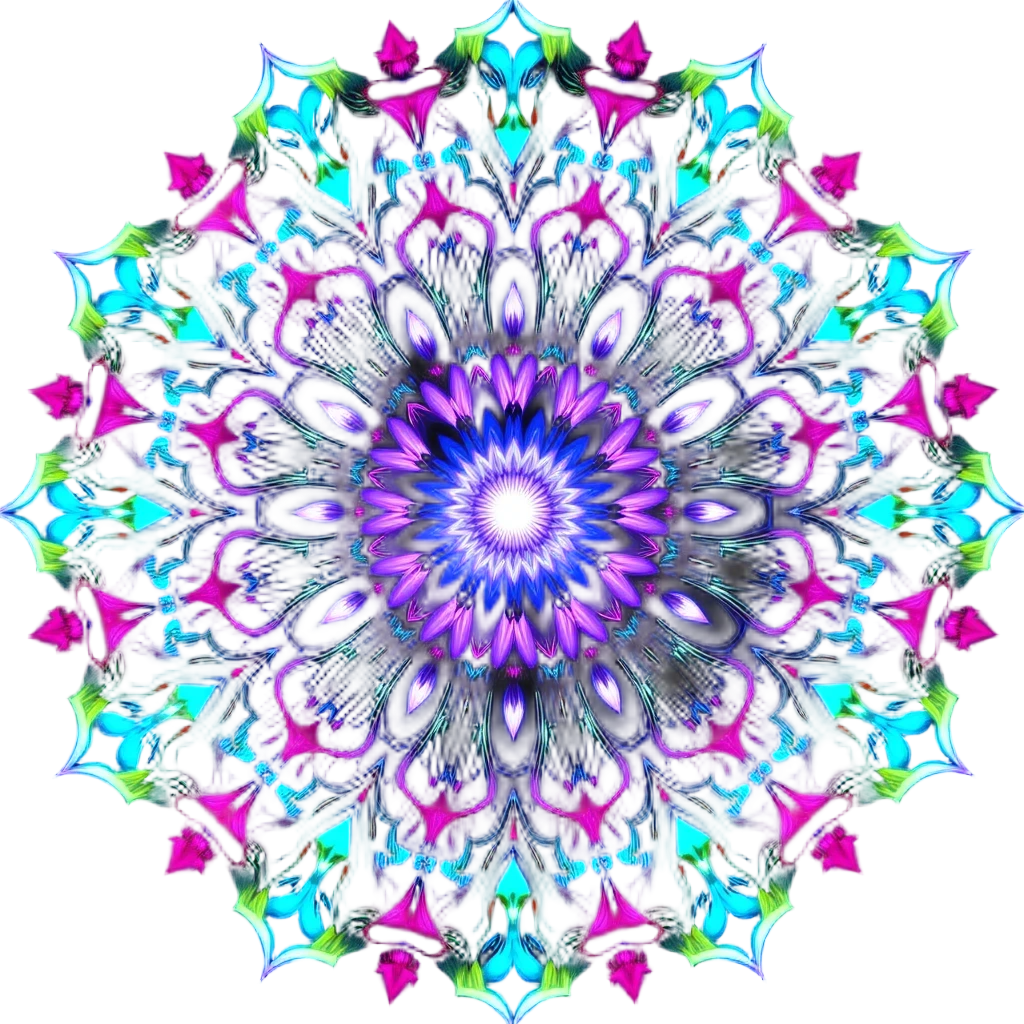 Mandala geométrica radiante en colores neón sobre un fondo negro intenso