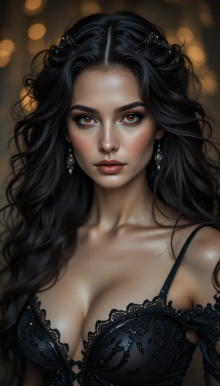 Una diosa de fantasía oscura con ojos ámbar ante un fondo gótico desenfocado