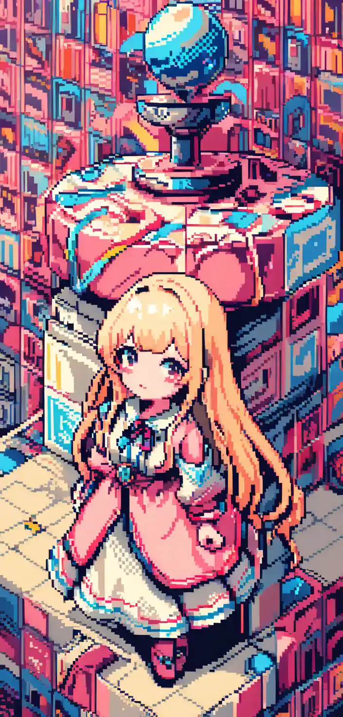 A blonde girl stands beside a fountain in a vintage square