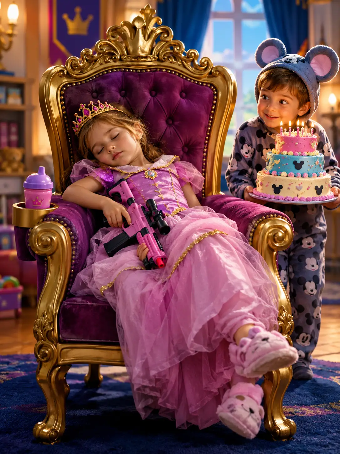 Una niña duerme en una silla parecida a un trono con una pistola de cosplay en la mano
