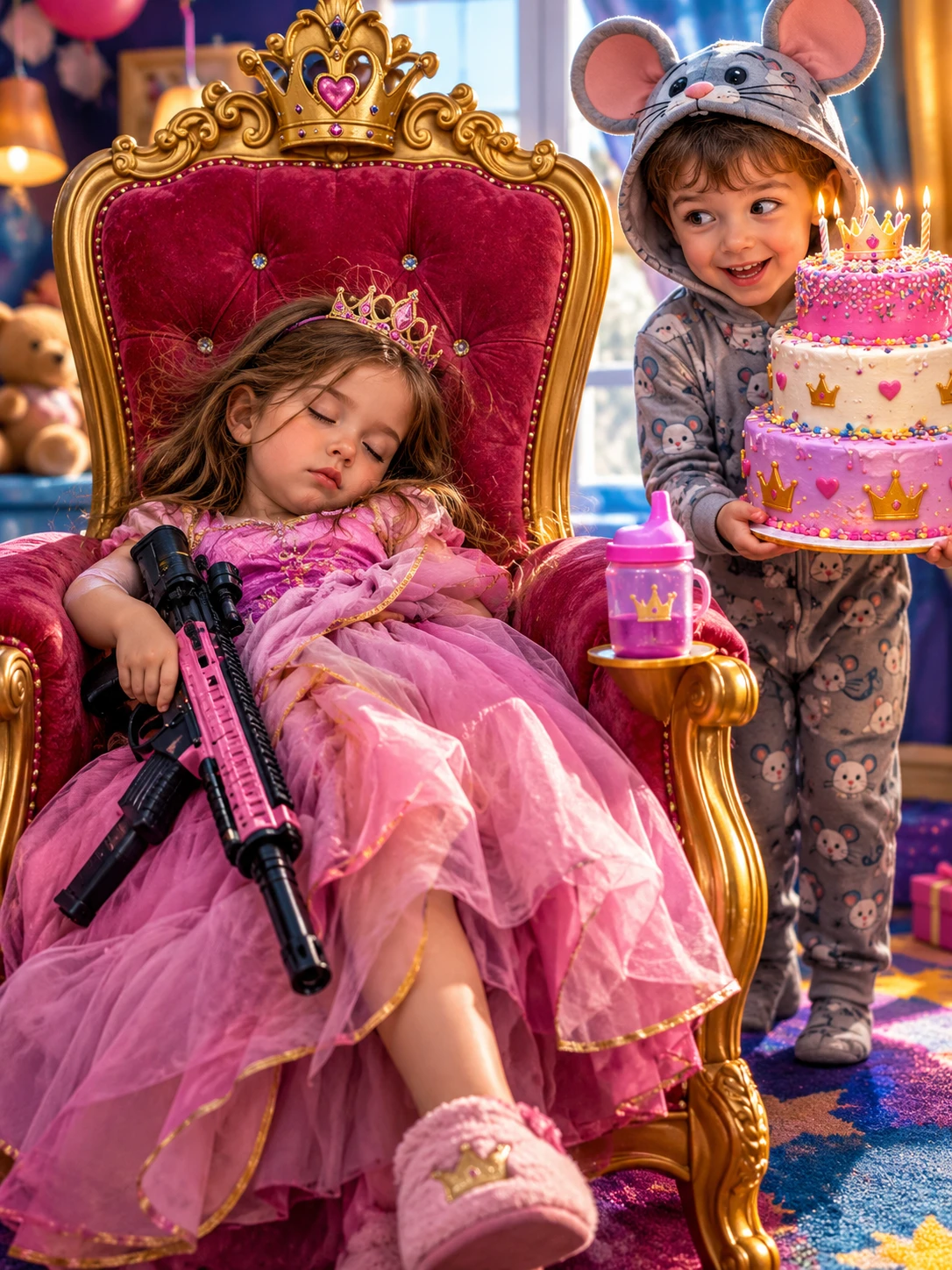 A little girl sleeps on a throne-like chair holding a cosplay gun