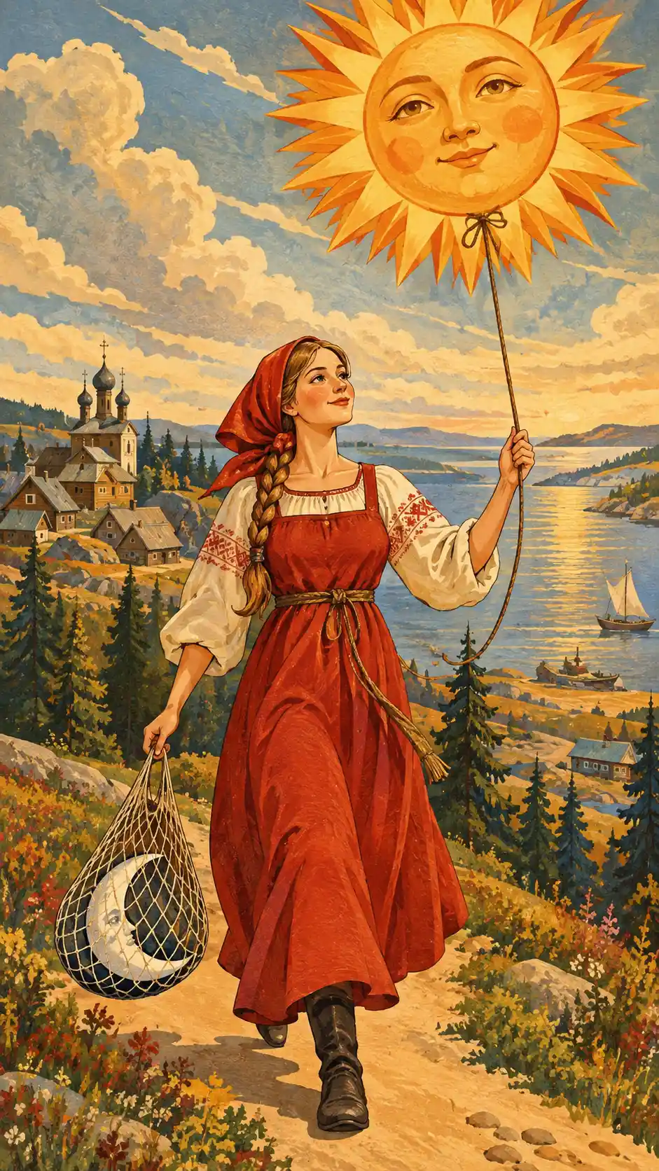 A Woman Walks a Road Holding the Sun and a Moon in a Net Bag