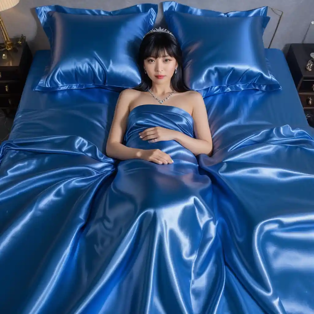 Una mujer japonesa tumbada sobre ropa de cama de satén azul brillante