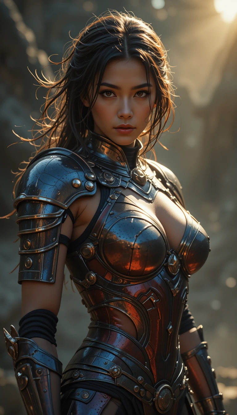 A warrior woman stands in sunlight wearing revealing red and blue armor