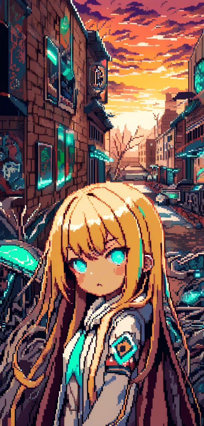 Una chica en pixel art pasa junto a árboles secos y muros de ladrillo al atardecer