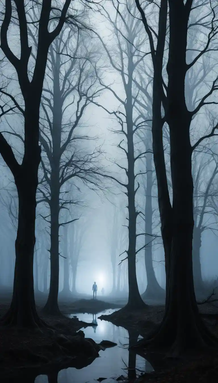 Glowing figures stand among skeletal branches across a twilight field