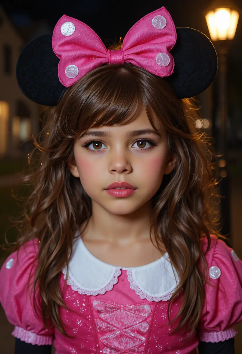 Un niño nervioso con un disfraz de Halloween de Minnie Mouse en rosa intenso