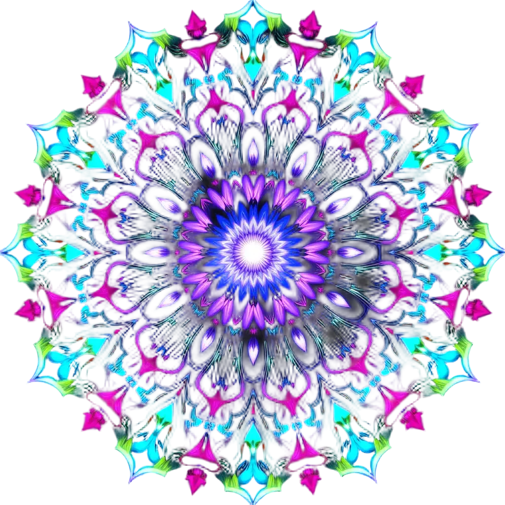 Mandala geométrica radiante en colores neón sobre un fondo negro intenso