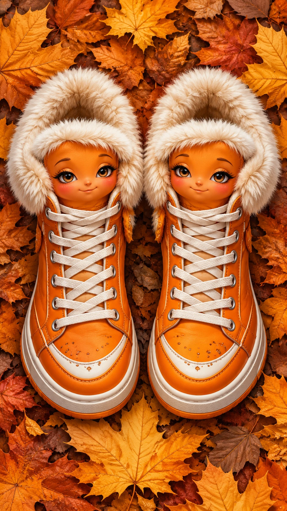 Surreal orange high-top sneakers against a bed of autumn maple leaves