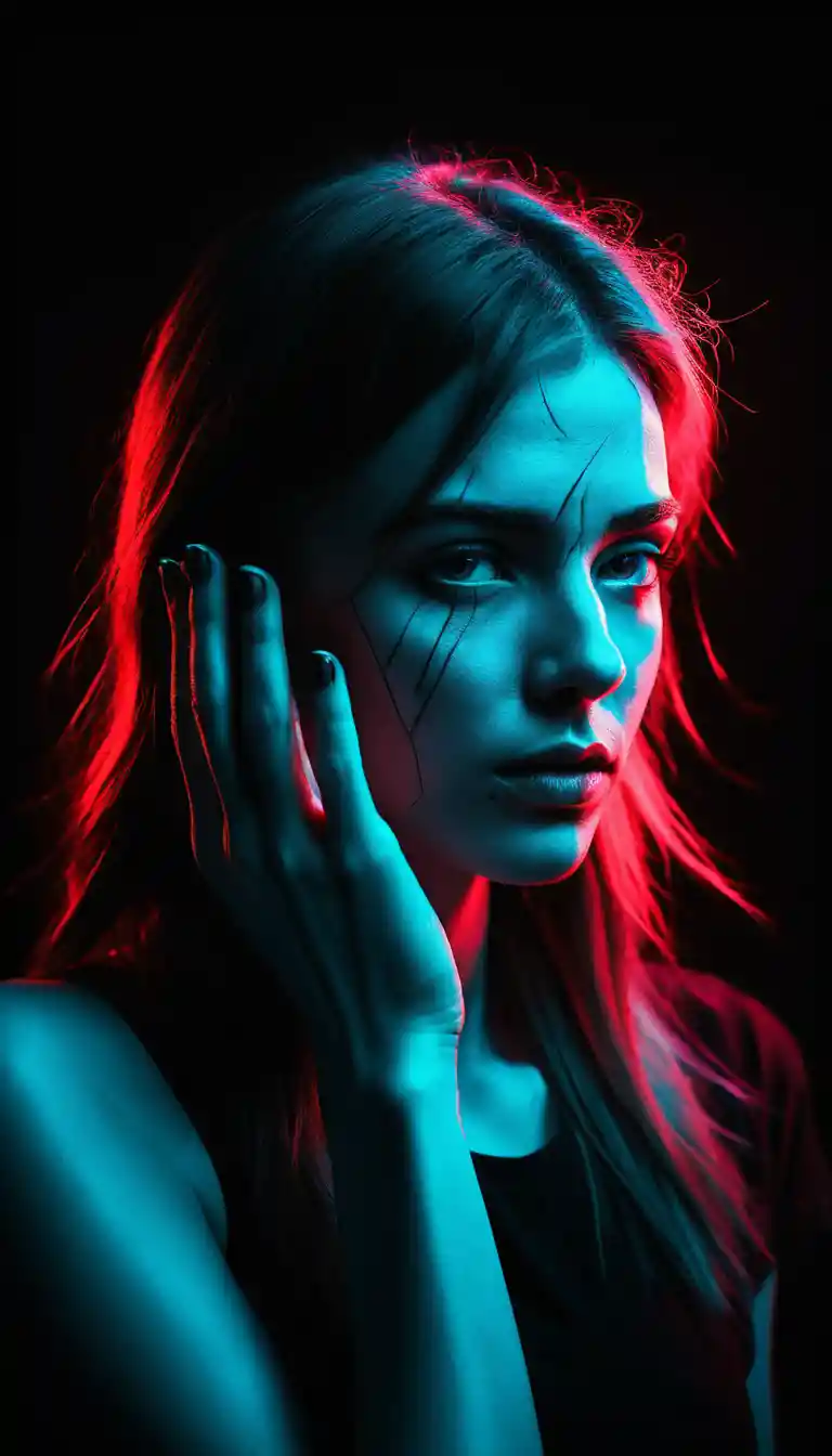 Junge Frau posiert mit den Händen nahe am Gesicht in roter und cyanfarbener Glitch-Art