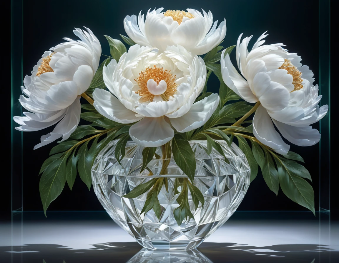 Intricate white crystal peony flowers with iridescent accents