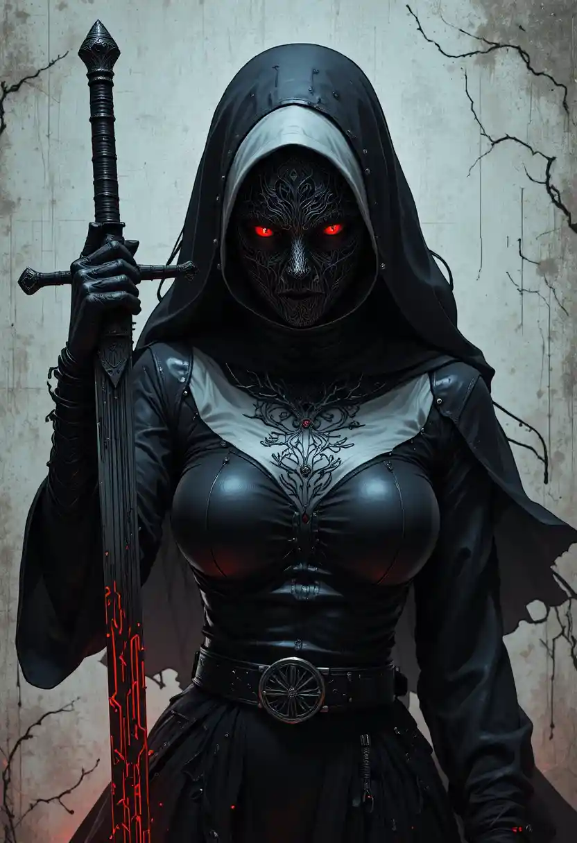 Masked anime nun assassin wields a broad fantasy sword against a hellish backdrop