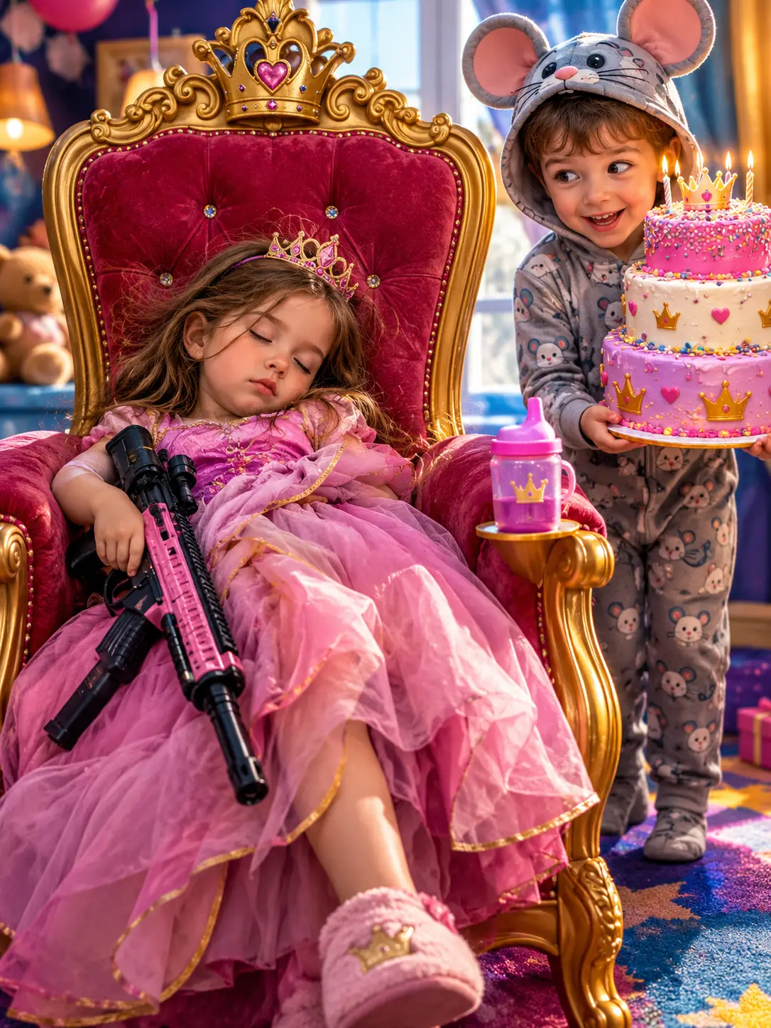 Una niña duerme en una silla parecida a un trono mientras sostiene una pistola de cosplay