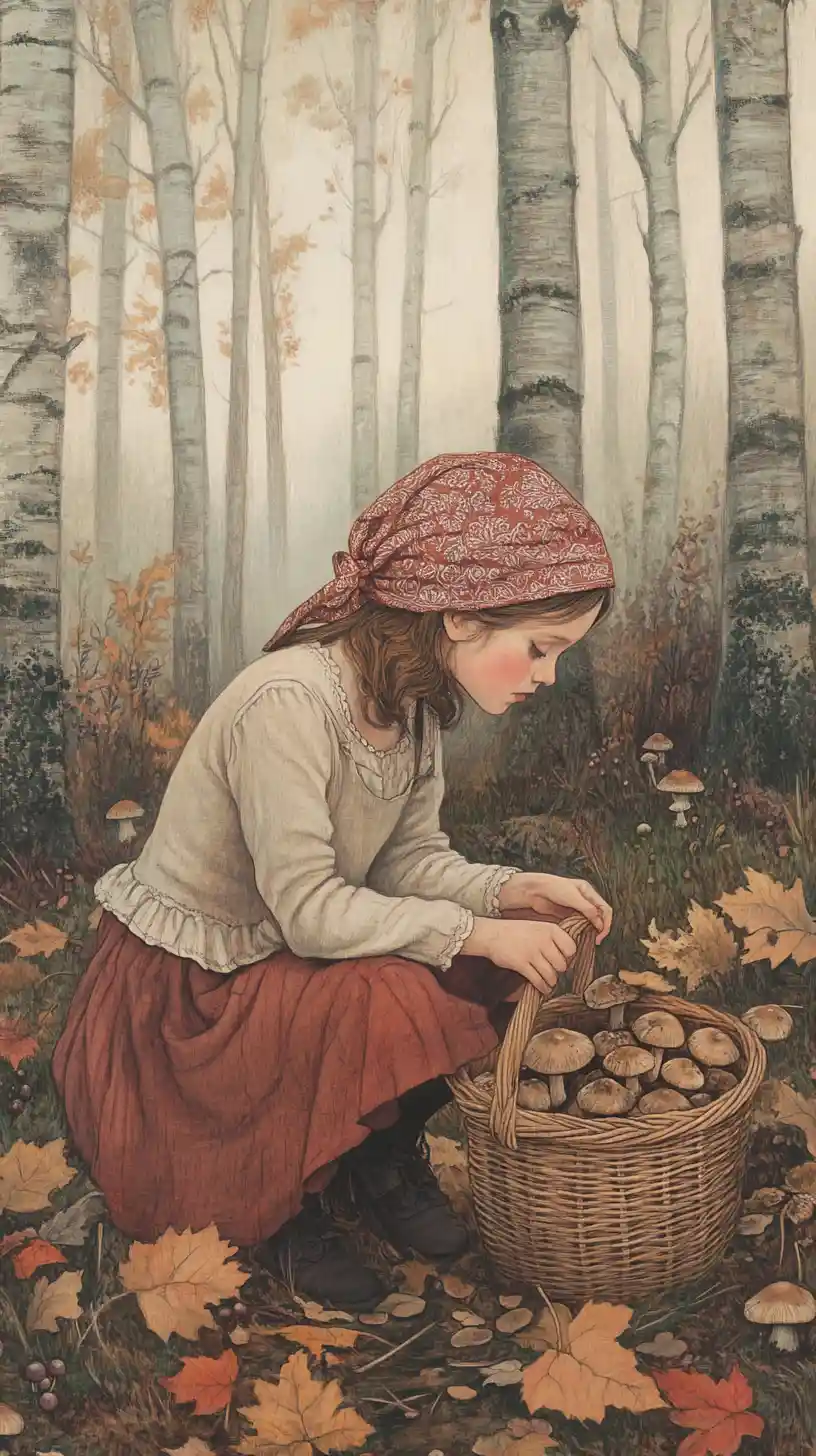 A girl forages for mushrooms along a leaf-strewn forest path