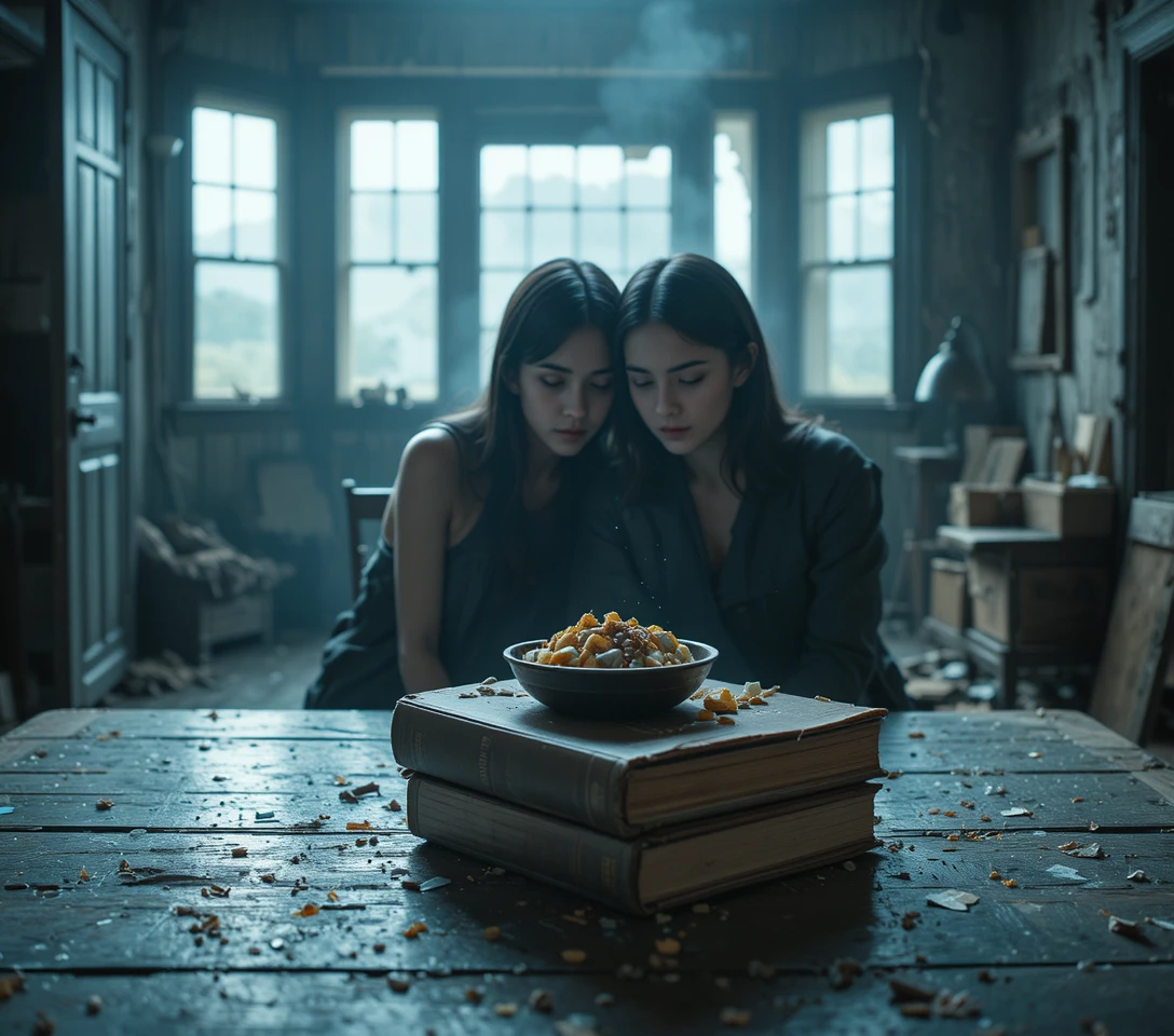 Two Figures Share a Quiet Moment Inside a Decaying Old House