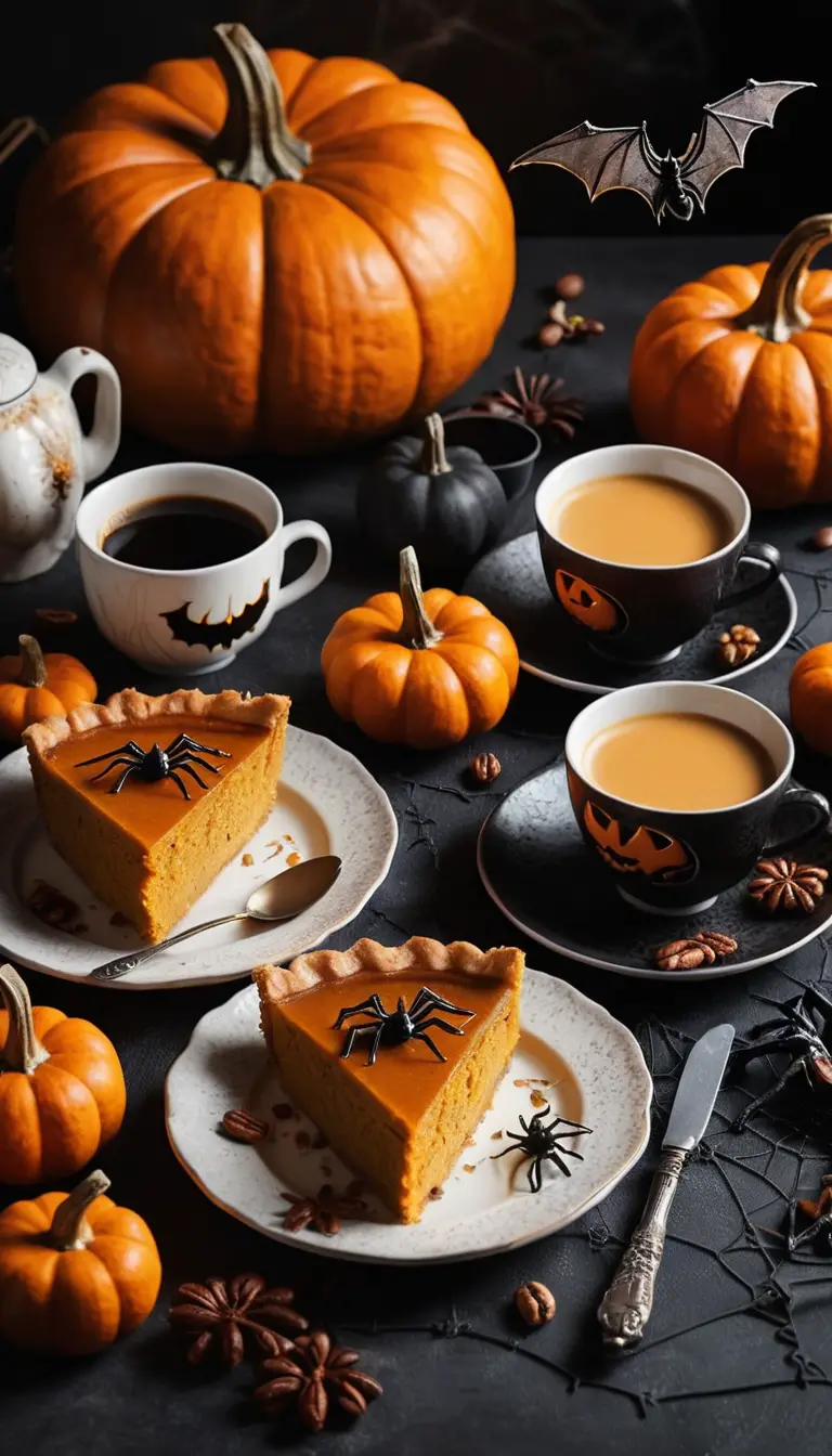 Pastel de calabaza con frutos secos y leche condensada junto a un juego de café festivo
