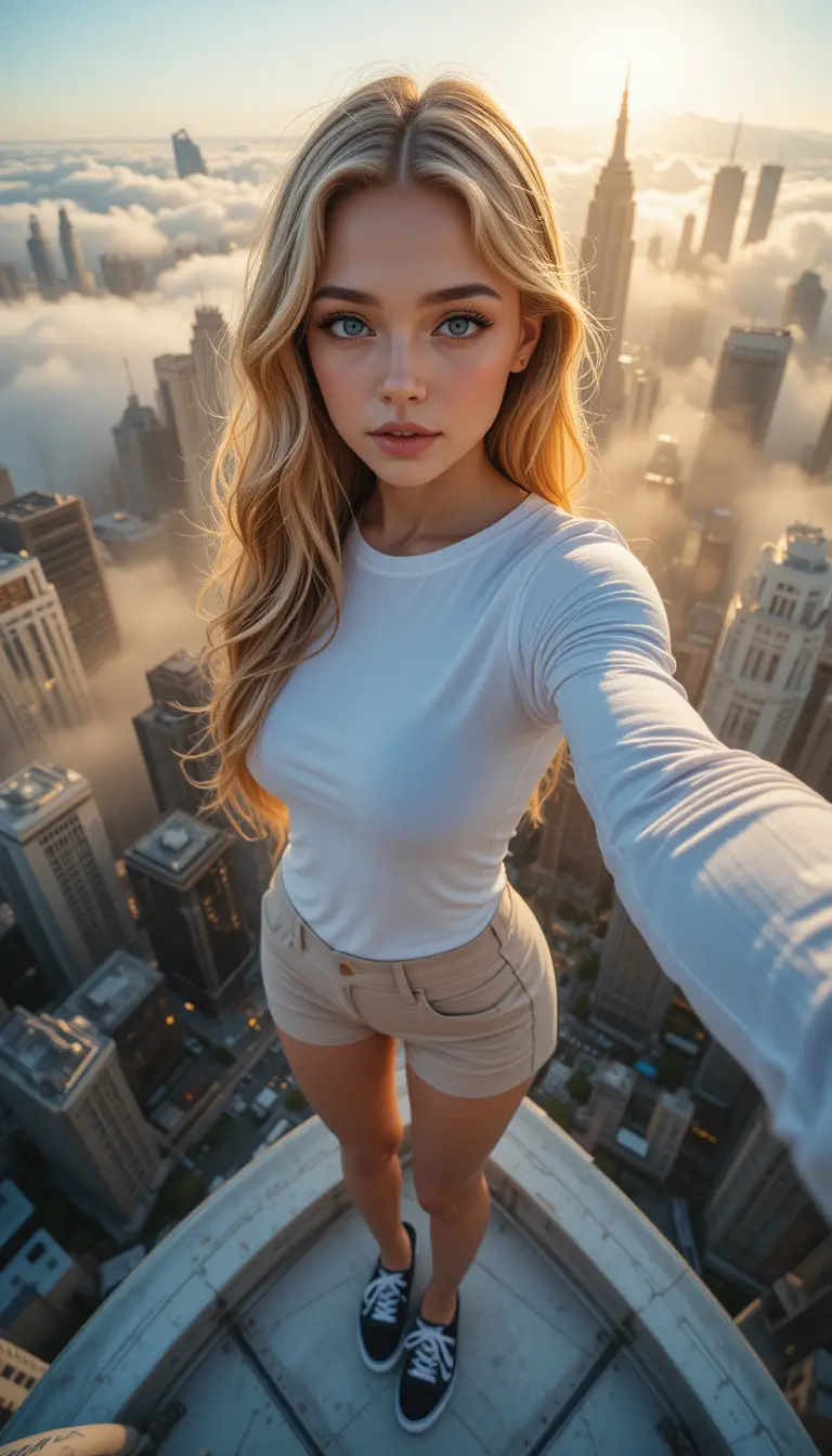Una mujer se hace un selfi en una azotea sobre una ciudad cubierta de nubes al amanecer