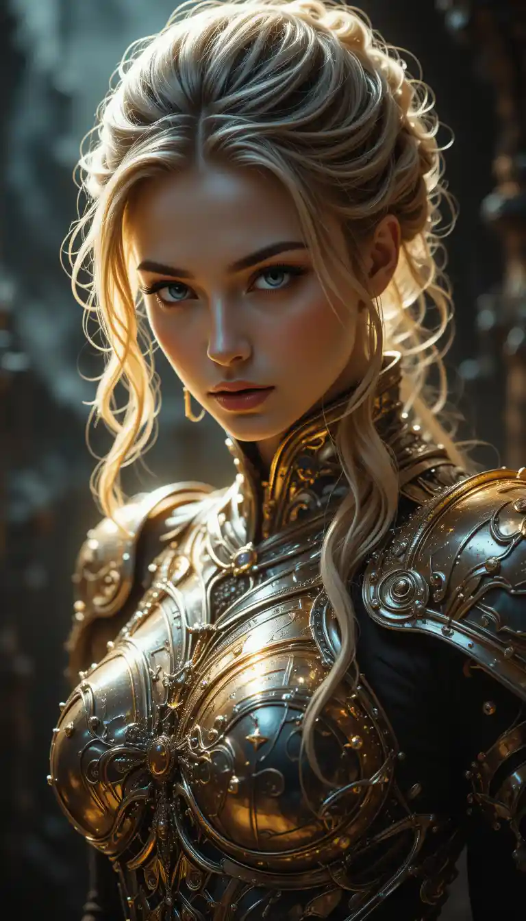 A Fantasy Woman in Shimmering Armor Against a Shadowy Backdrop