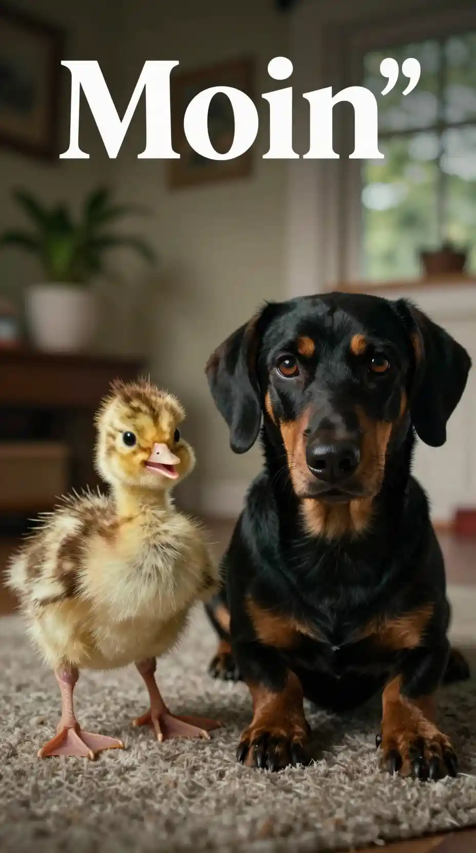 Un patito esponjoso y un perro salchicha descansan juntos sobre una alfombra gris