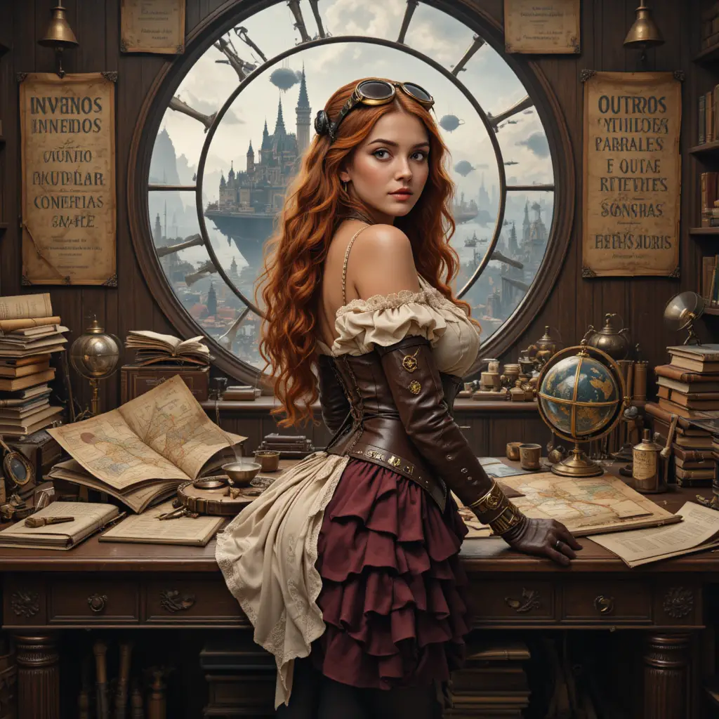 Una mujer steampunk se inclina sobre un escritorio desordenado con una taza de té de latón