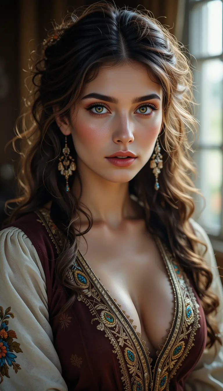 Mujer armenia con cabello rizado y traje tradicional