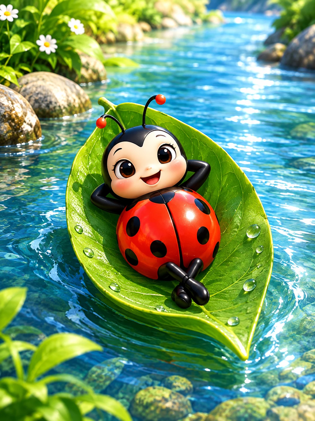 Una mariquita sonriente descansa sobre una hoja que flota río abajo