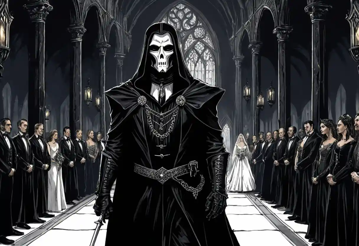 A fantasy ink scene hints at a lord's wedding being avoided