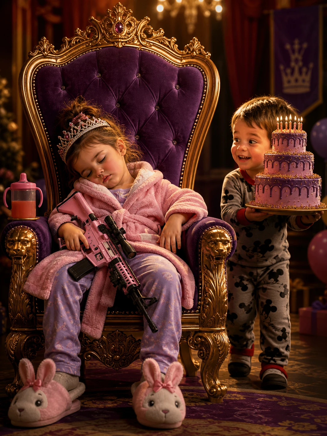 A little girl sleeps in a throne-like chair with a cosplay gun