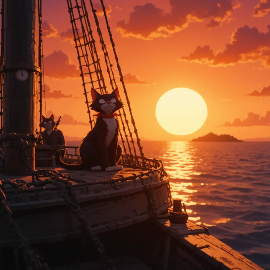 Un gato gracioso se posa en un viejo velero al atardecer