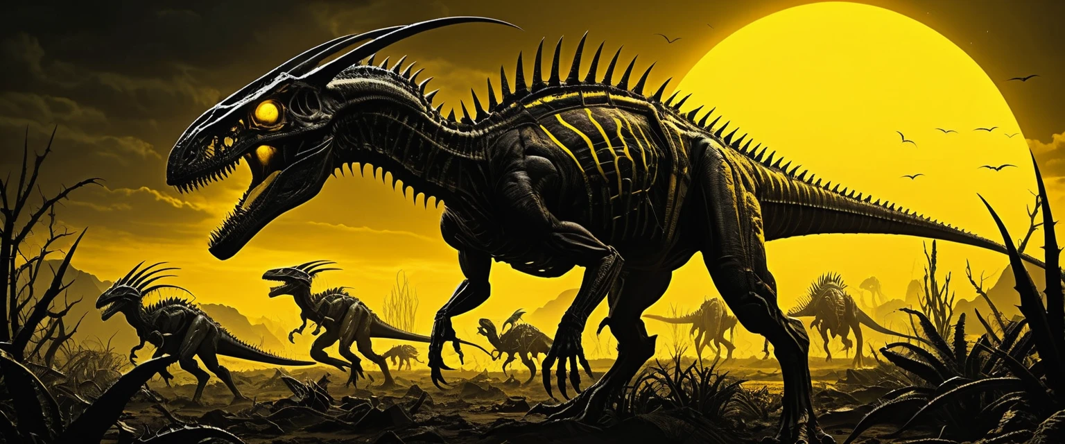 Dinosaurios mutantes corren por un paisaje inquietante de plantas muertas y pozos de alquitrán