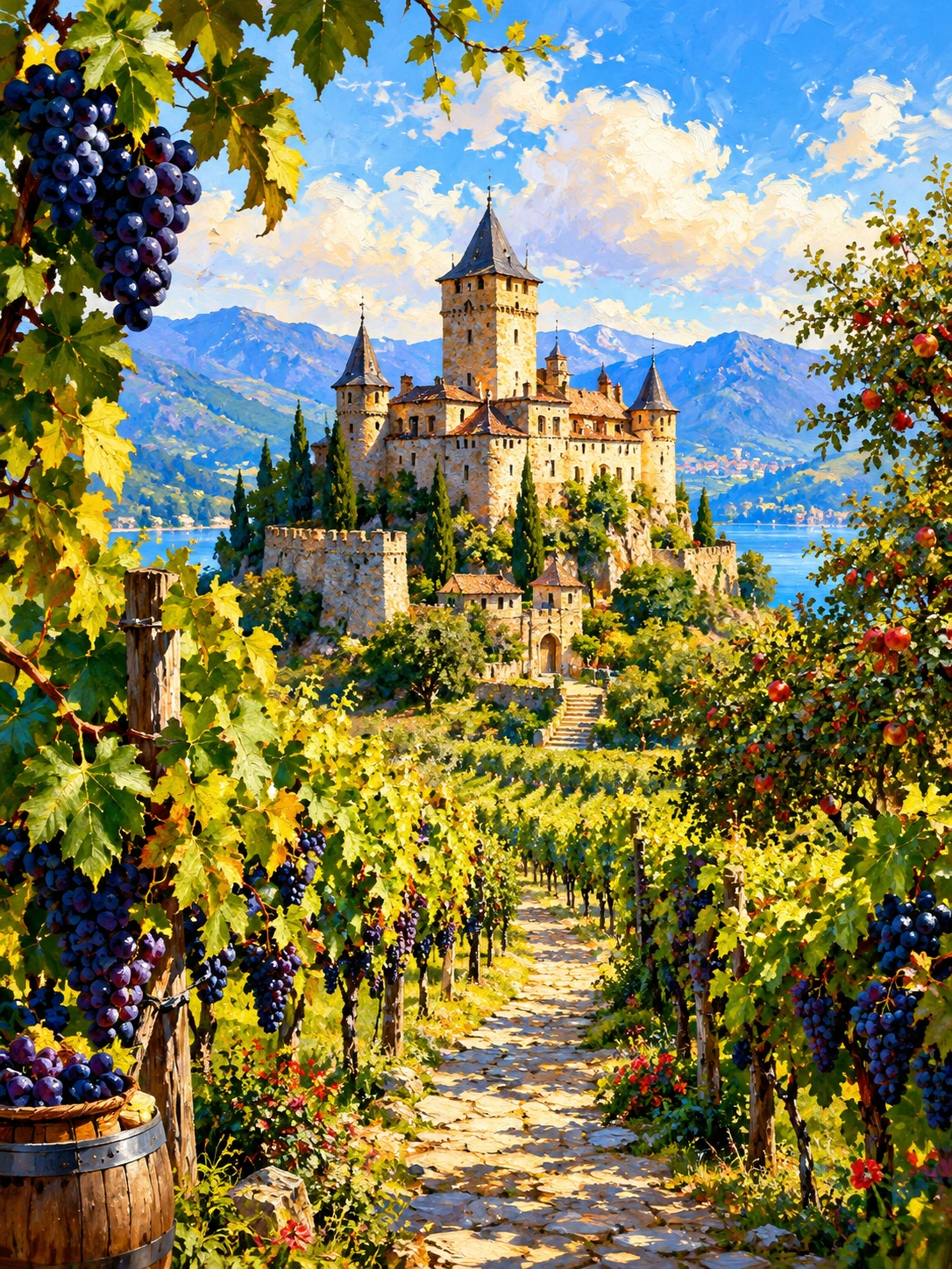 A bright impressionist view of a vineyard orchard