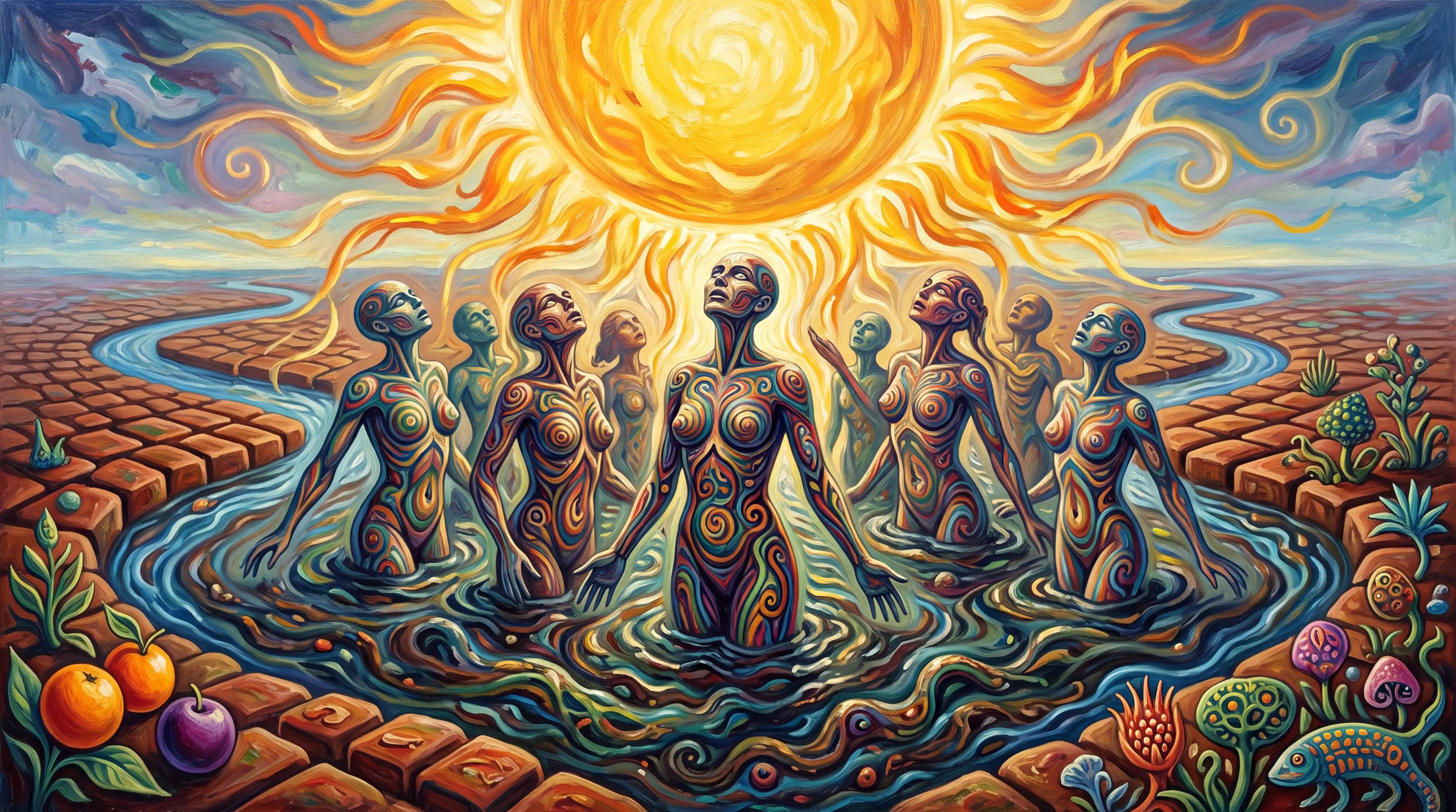 Humanoid figures rise from primordial ooze beneath a blazing sun
