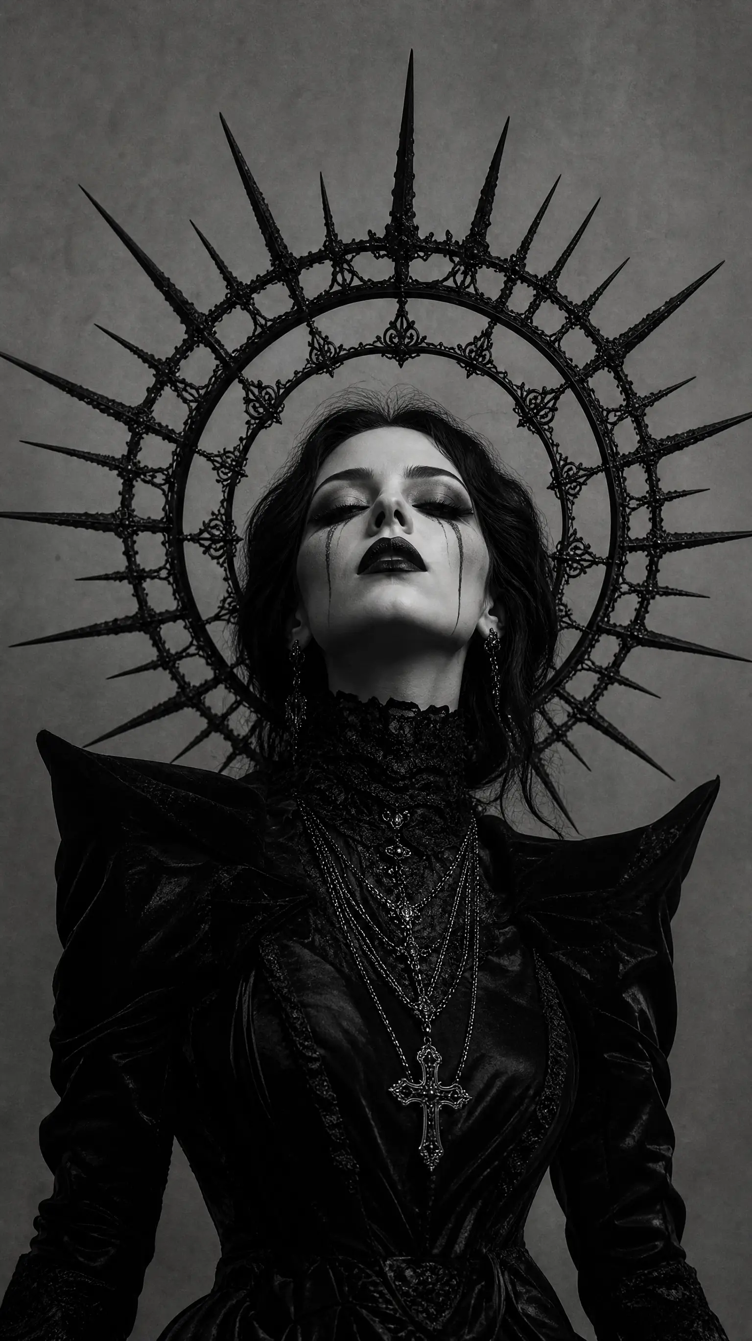 Retrato gótico monocromático de una mujer bajo un halo negro con púas